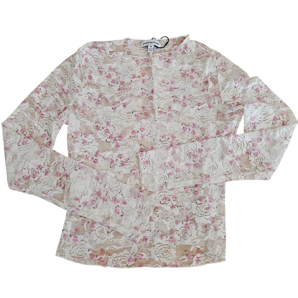 Pretty Garbage Floral Mesh Lace Sheer Top Sz M Cream Pink EUC Layering Top